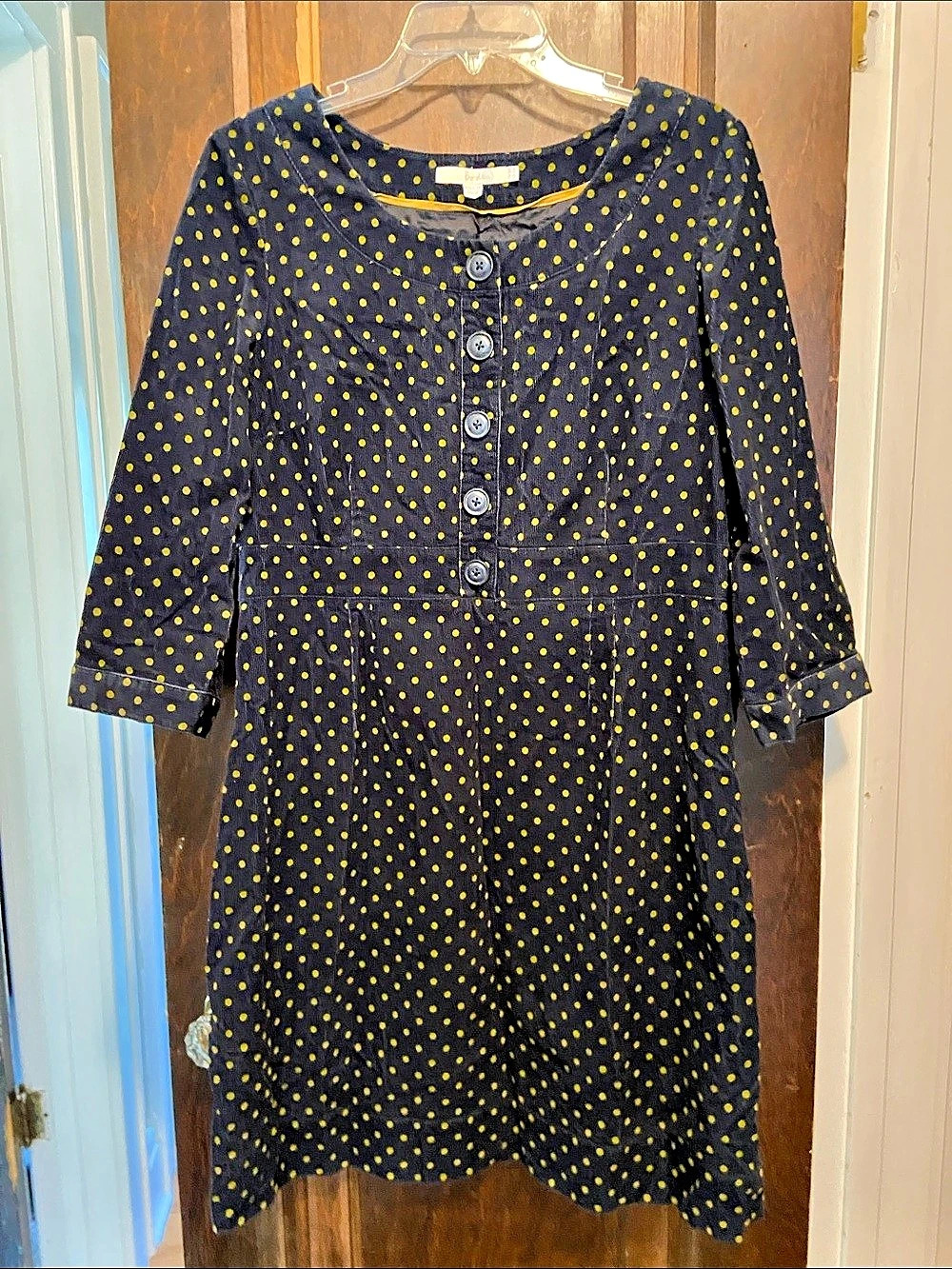 Boden Corduroy Polka Dot Mini Dress in Navy & Yellow Size 12